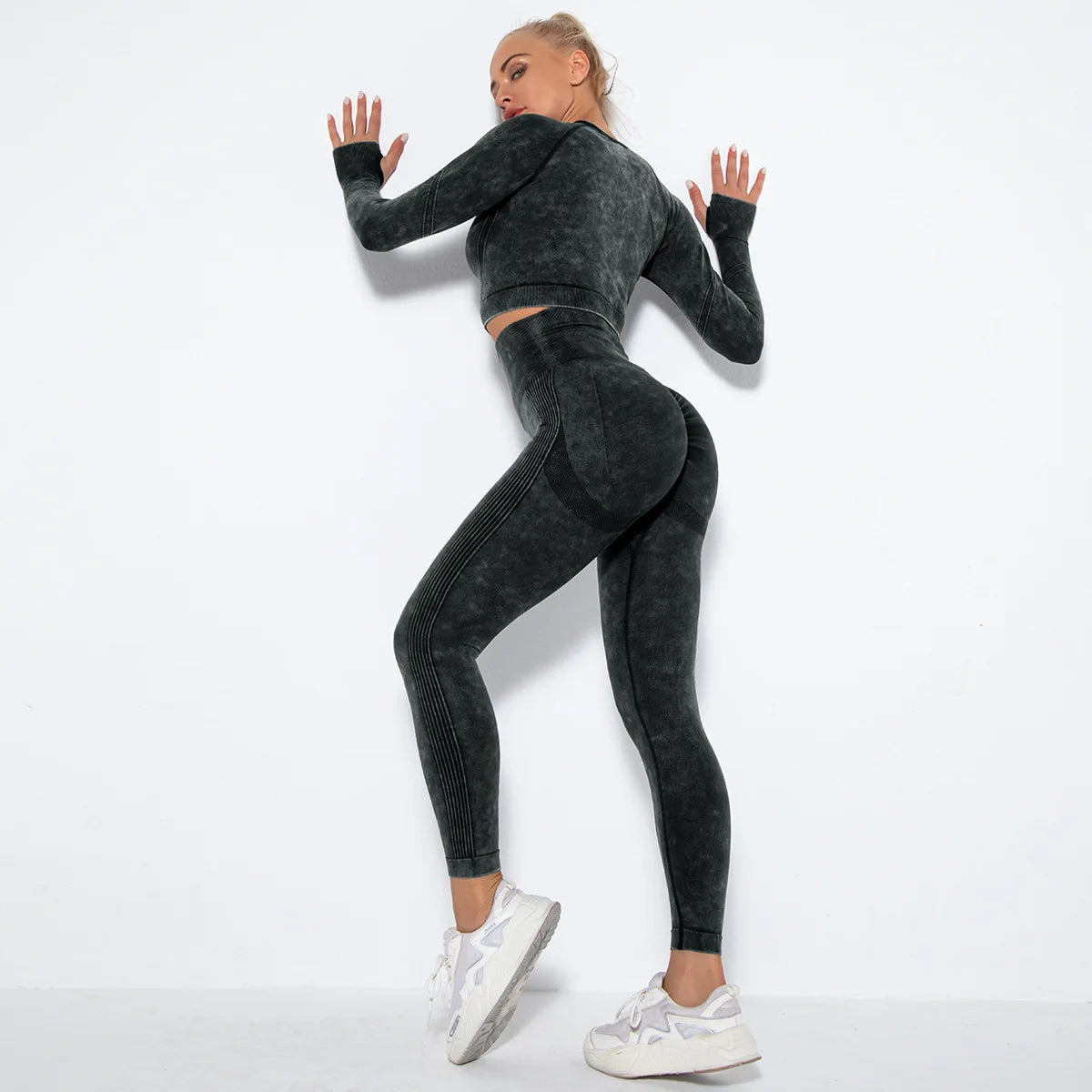Women Seamless Tracksuit Yoga Set 2PCS Workout Clothes Athletic Wear Gym Legging Fitness Bra Crop Top Long Sleeve Sports Suits