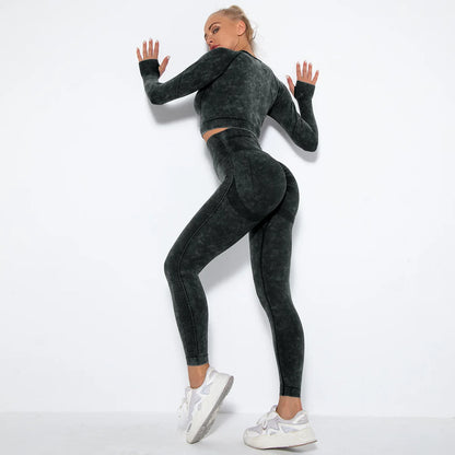 Women Seamless Tracksuit Yoga Set 2PCS Workout Clothes Athletic Wear Gym Legging Fitness Bra Crop Top Long Sleeve Sports Suits