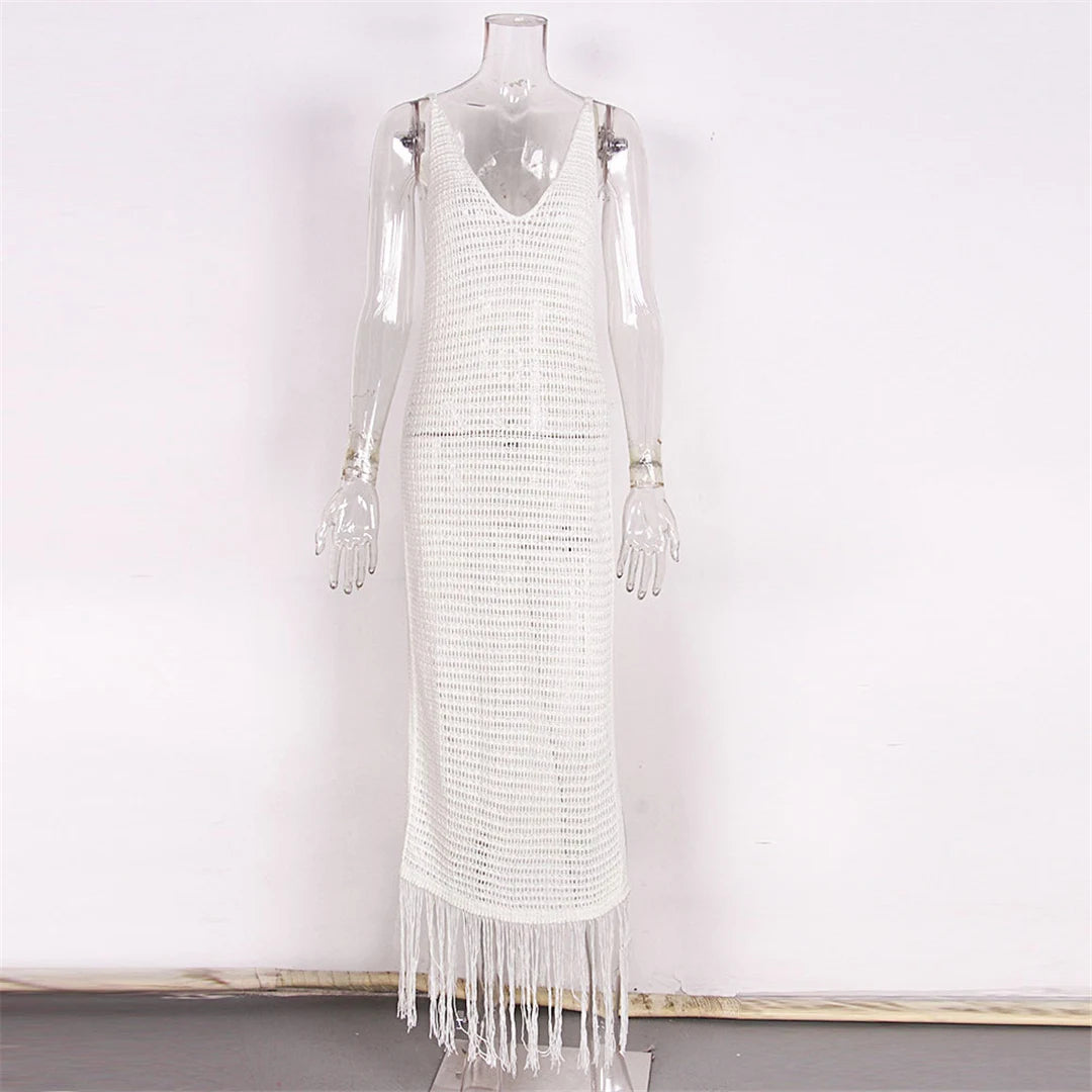 New Sexy S - XL Fringe Tassel Knitted Crochet Tunic Beach Cover Up Cover-ups Beach Dress Beach Wear Beachwear Female Women V3791