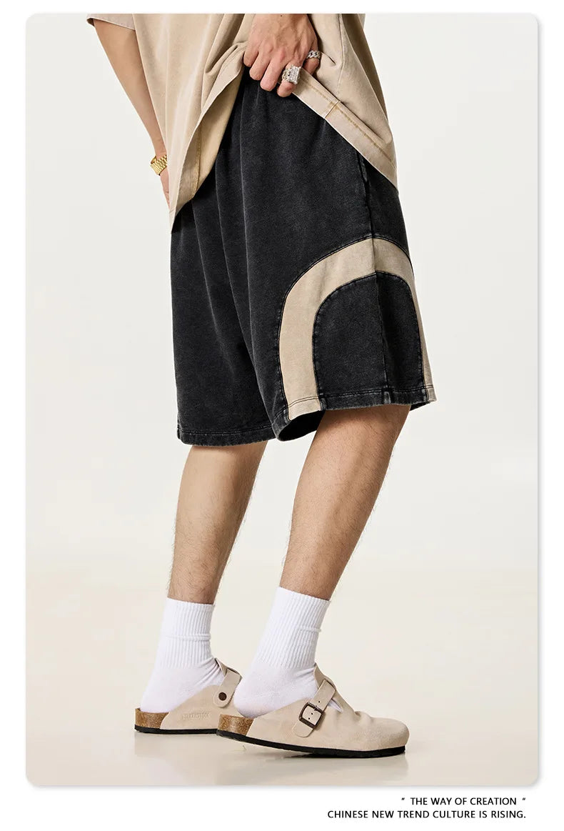 Customized LOGO men's summer European and American hip-hop style splicing contrasting shorts loose straight five-point pants