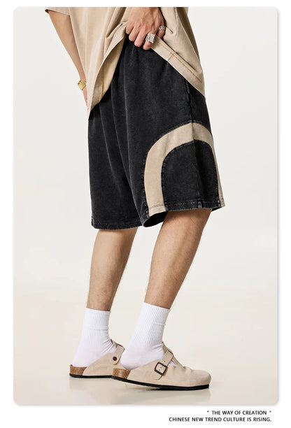 Customized LOGO men's summer European and American hip-hop style splicing contrasting shorts loose straight five-point pants