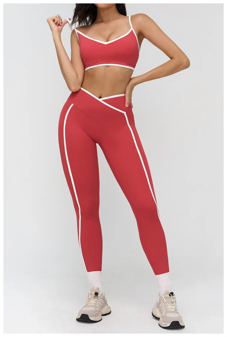 TRY TO BN Gym Set Sport Bra Women's Tracksuit Fitness Contrasting Color High Waist Leggings Two Pieces Suit Running Yoga Clothes