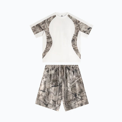Custom LOGO men's summer camouflage splicing 240G quick-drying cotton polyester short-sleeved T-shirt loose sports shorts set