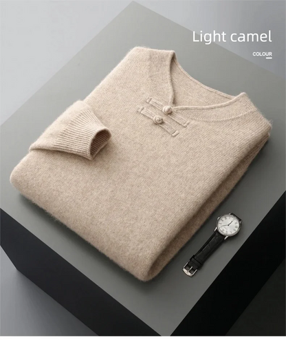 New Chinese Style Men's Pullover 100% Pure Wool Knit Sweater Autumn Winter Retro Stand Collar Long Sleeve Fashion Cashmere Tops