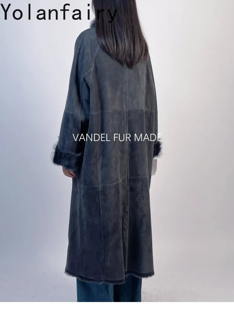 YOLANFAIRY Real Goatskin Leather Fur Coats for Women Winter High-end Natural Fur Coat Lazy Style Long Leather Jacket Luxury Wear