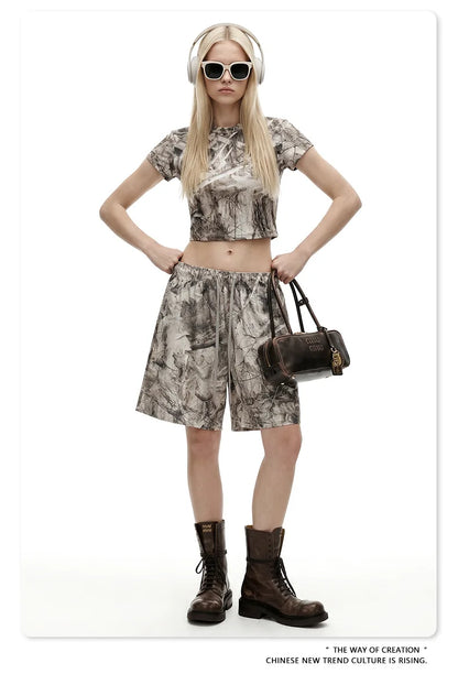 Custom LOGO women's 315G cotton polyester summer short front shoulder camouflage short-sleeved T-shirt vest casual sports suit