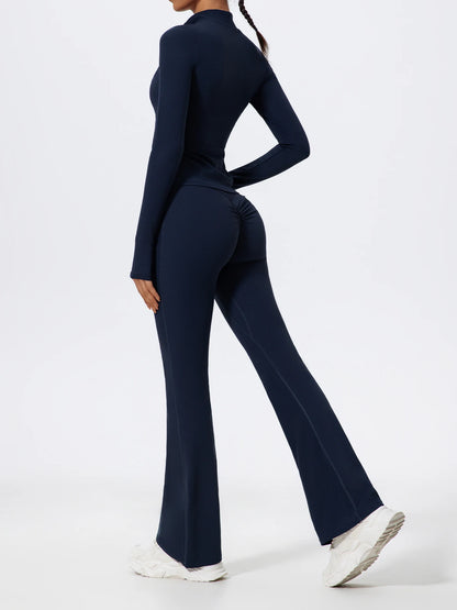 Hearuisavy Summer Half Zipper Yoga Suit Outdoor Workout Clothing Gym Set Women Flared Pants 2Pcs Sports Long Sleeves Shirt Suit