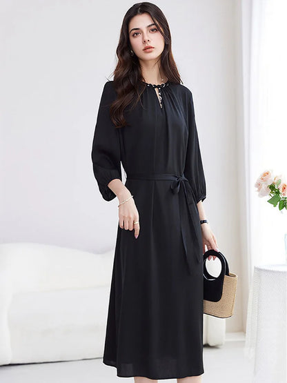 SuyaDream, Women Elegant Dresses, Real Silk, O Neck, 3/4 Sleeved, Black Mid Dress, 2026 Spring Summer Cloth