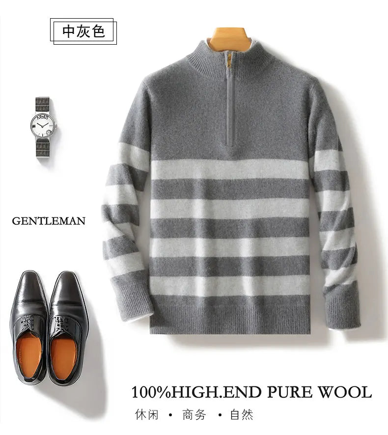 Men's 100% Merino Wool Sweater Half-high Collar Half Zip Thick Pullover Autumn Winter Cashmere Stripe Knitwear Long Sleeved Tops