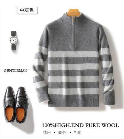 Men's 100% Merino Wool Sweater Half-high Collar Half Zip Thick Pullover Autumn Winter Cashmere Stripe Knitwear Long Sleeved Tops