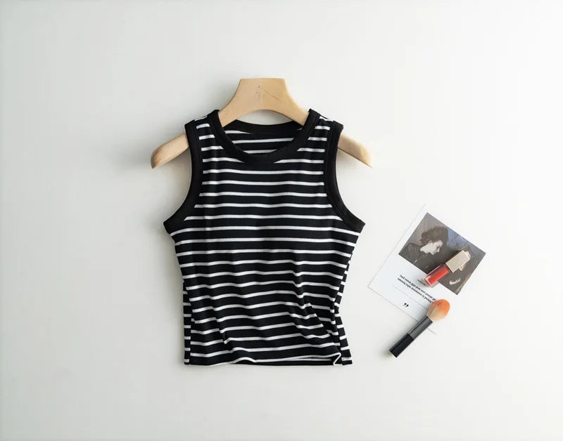 2026 Summer New Women's Tank Top Pajamas All Cotton with Chest Pads Tank Top with Stripe Sports Bottom Short Home Fur Ladies