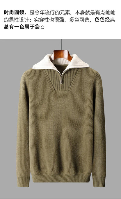 High Quality Men 100% Wool Sweater Turn Down Collar Zippers Pullover 2025 Autumn/Winter Thickened Soft Warm Knitwear Jumper Tops