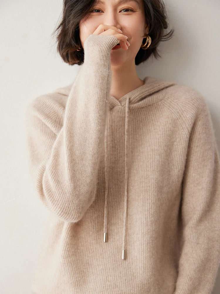 CHICUU Autumn Winter Women Hoodie Pullover Sweater 100% Cashmere Knitwear Soft Warm Casual Style Hooded Sweater Tops