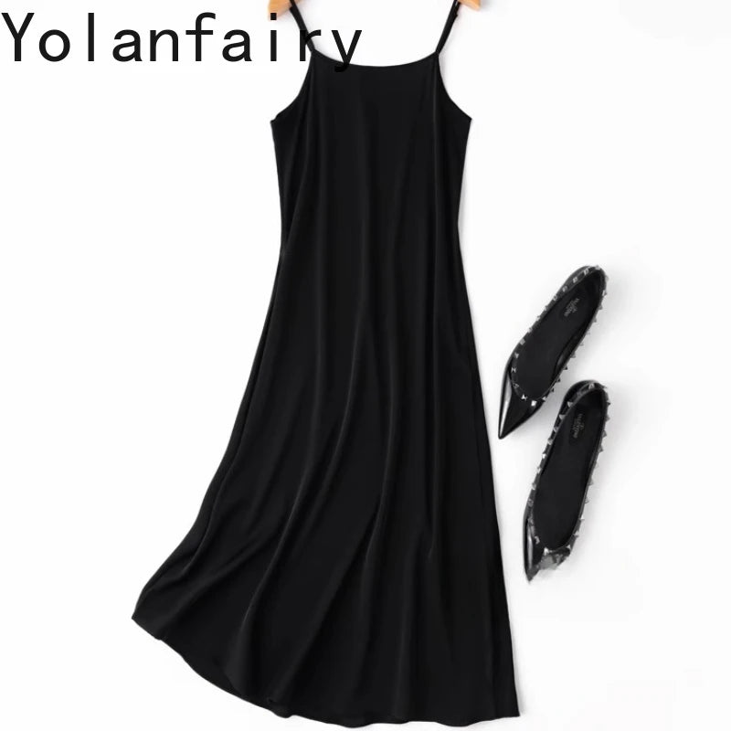 YOLANFAIRY 19momme 93% Mulberry Silk Spaghetti Strap Dress for Women Elegant Mid-length Sexy Real Silk Summer Dresses Woman 원피스