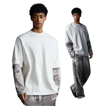 Custom LOGO Men's 2025 Autumn New 340G fleece-lined Fake Two-piece Camouflage Sweater T-Shirt Casual Pants Set
