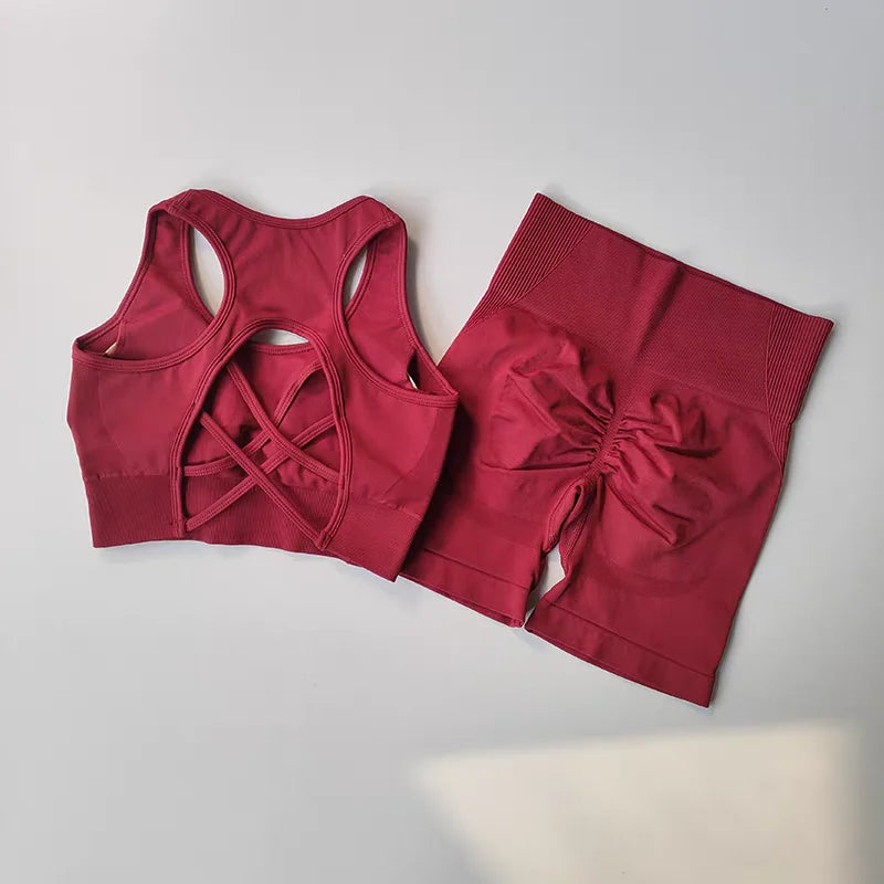 2 PCS Women Seamless Yoga Set Sexy Sport Bra + High Waist Sports Shorts Gym Clothing Fitness Sleeveless Shorts Suit Sporstwear