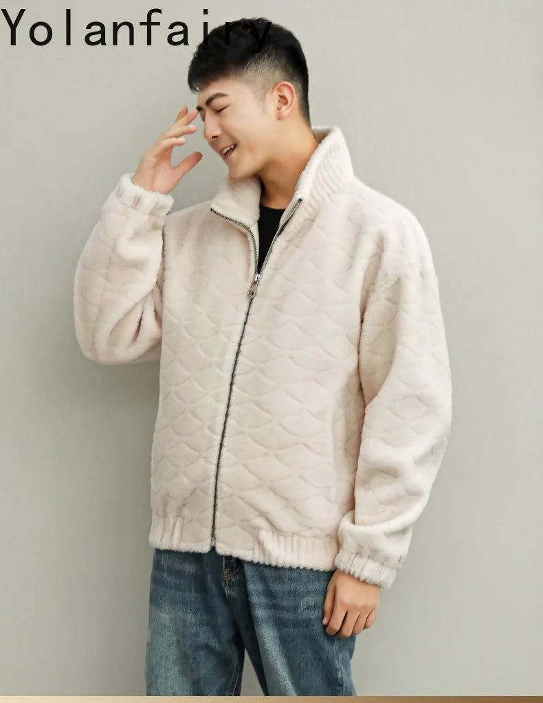 YOLANFAIRY Winter 100% Sheep Shearing Jacket Man Clothing Fashion Stand Collar Granular Lamb Fur Coat Men's Jackets chaqueta