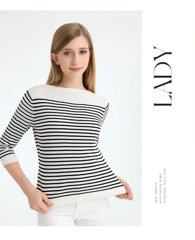 SuyaDream, Striped Pullovers for Woman, Round Neck, 45%Silk 55%Lyocell, 3/4 Sleeves, Chic Sweaters, 2025 Fall Winter Top, Black