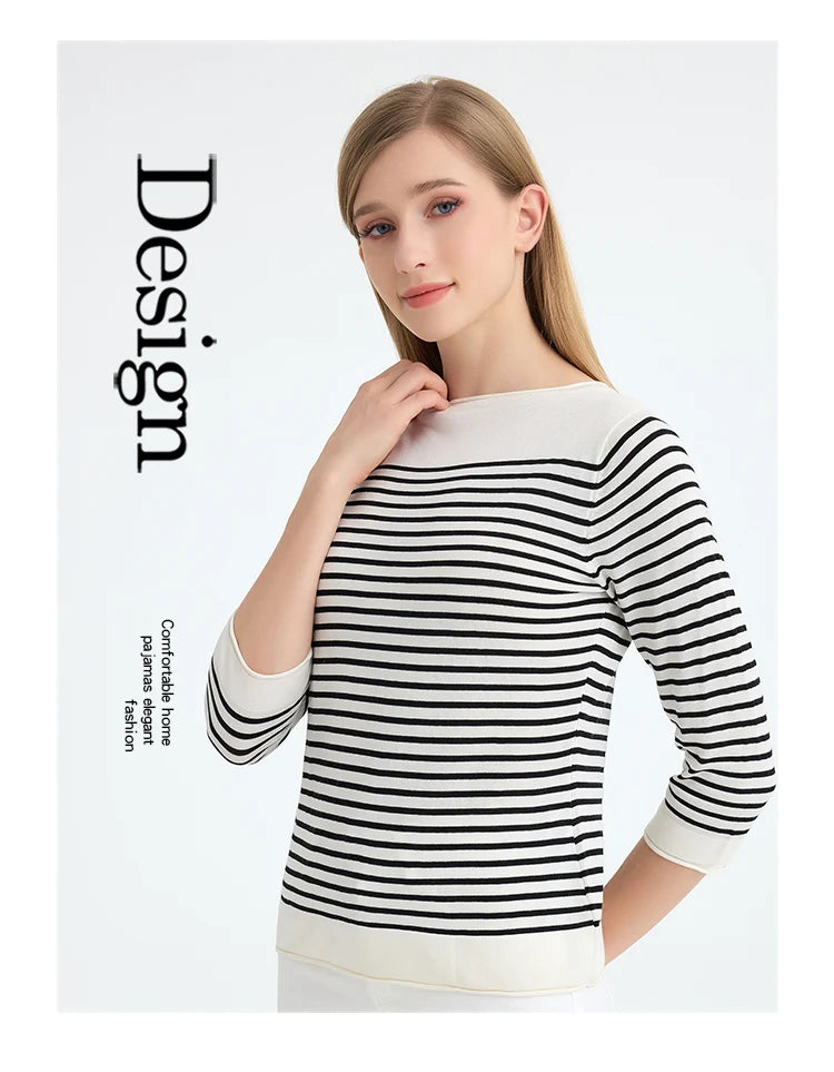 SuyaDream, Striped Pullovers for Woman, Round Neck, 45%Silk 55%Lyocell, 3/4 Sleeves, Chic Sweaters, 2025 Fall Winter Top, Black