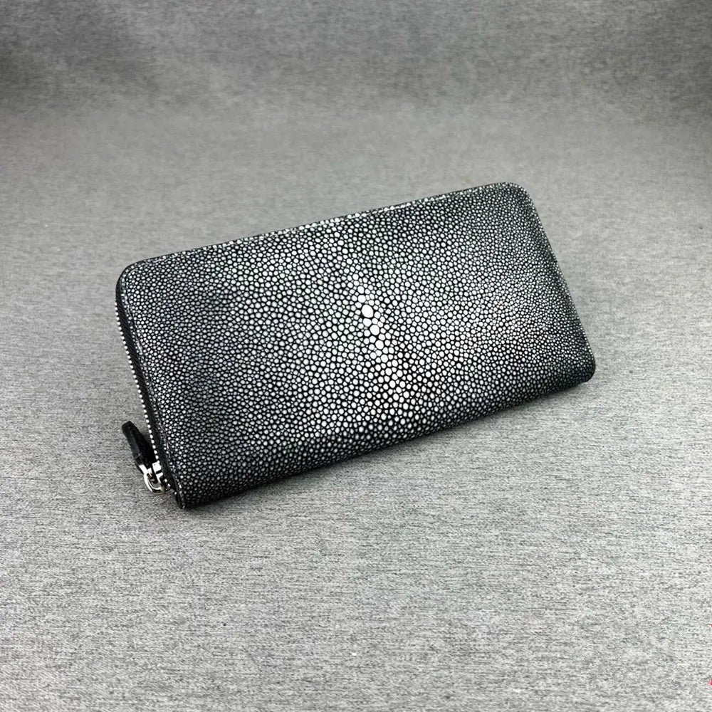 Genuine Unisex Stingray Leather Long Wallet, Exotic Style Leather Clutch for Women, Large Zip Card Holder for Men