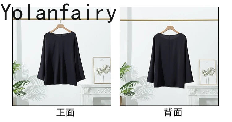 YOLANFAIRY 23MM 93% Real Mulberry Silk T Shirts for Women Summer O-neck Blouse Woman Elegant Shirt Loose OL Tops and Blouses