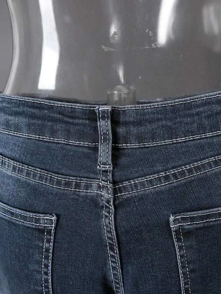 DEAT Fashion Flared Denim Jeans Women's Mid Rise Whiskered Wash Dark Blue Bootcut Jeans Summer New