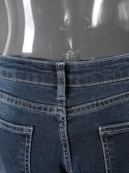 DEAT Fashion Flared Denim Jeans Women's Mid Rise Whiskered Wash Dark Blue Bootcut Jeans Summer New