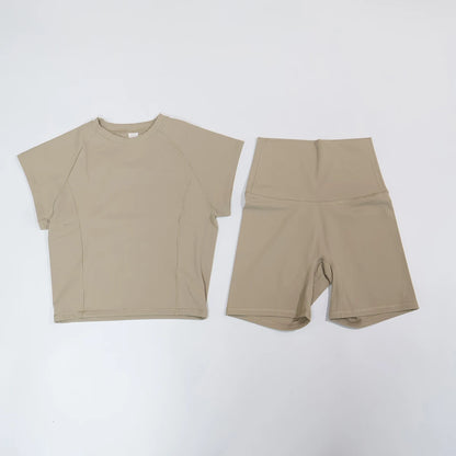 Summer Women's Two-Piece Fitness Set Woman's Short-Sleeve Quick-Dry Yoga Wear for Outdoor Running Sports Female 2Pcs Suit