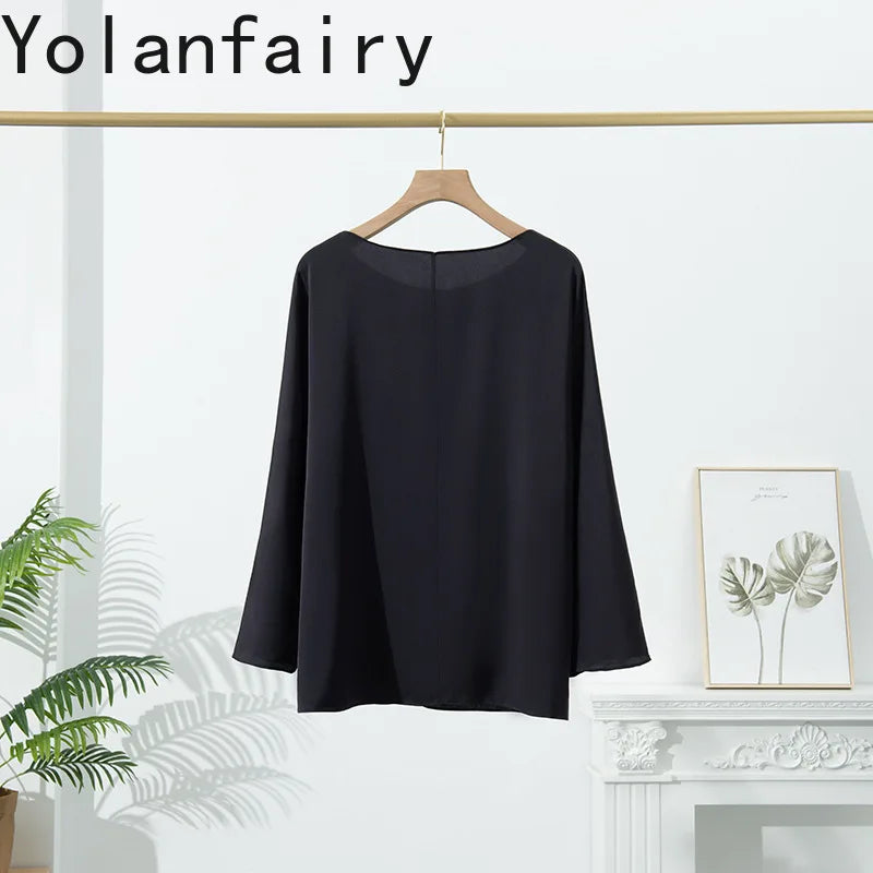 YOLANFAIRY 23MM 93% Real Mulberry Silk T Shirts for Women Summer O-neck Blouse Woman Elegant Shirt Loose OL Tops and Blouses
