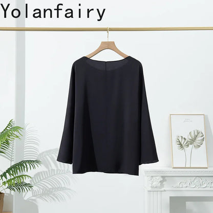 YOLANFAIRY 23MM 93% Real Mulberry Silk T Shirts for Women Summer O-neck Blouse Woman Elegant Shirt Loose OL Tops and Blouses