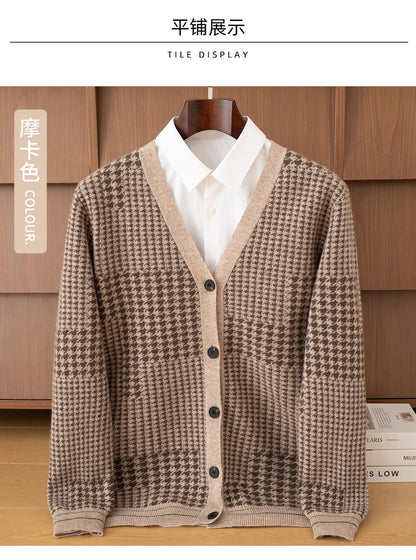 Men's V-Neck Cardigan Business Casual Jacquard Thickened Jacket 100% Merino Wool Knit Coat Autumn Winter Warmth Men's Clothing