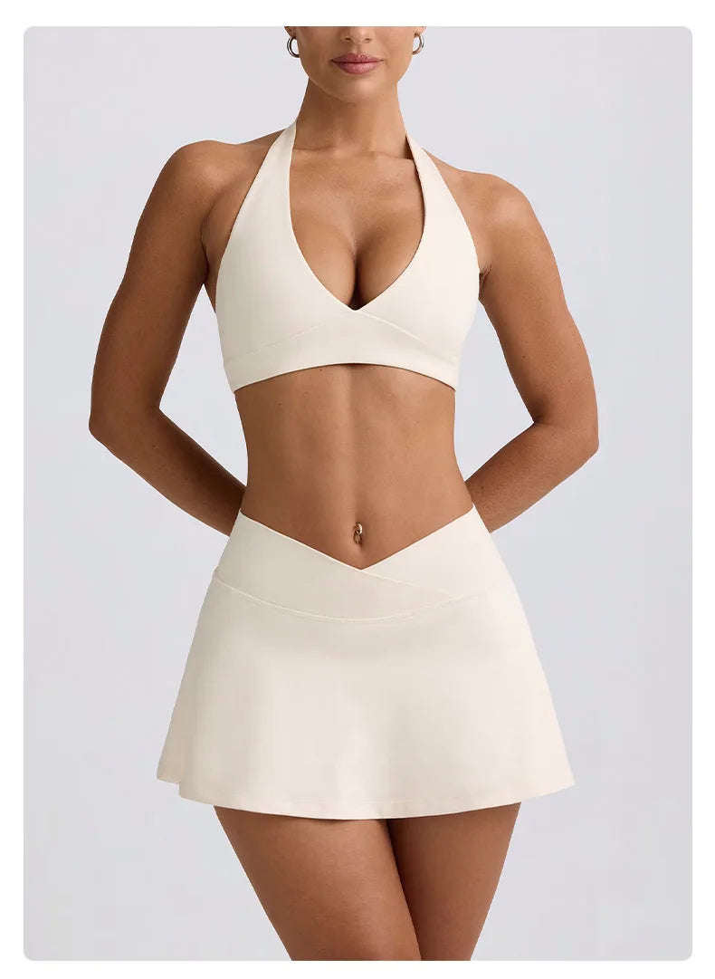 Summer Women Chest Padding And High Elasticity Bra Set 2Pcs Tennis Skirt Sportswear Female Golf Suits Sport Outfit For Woman
