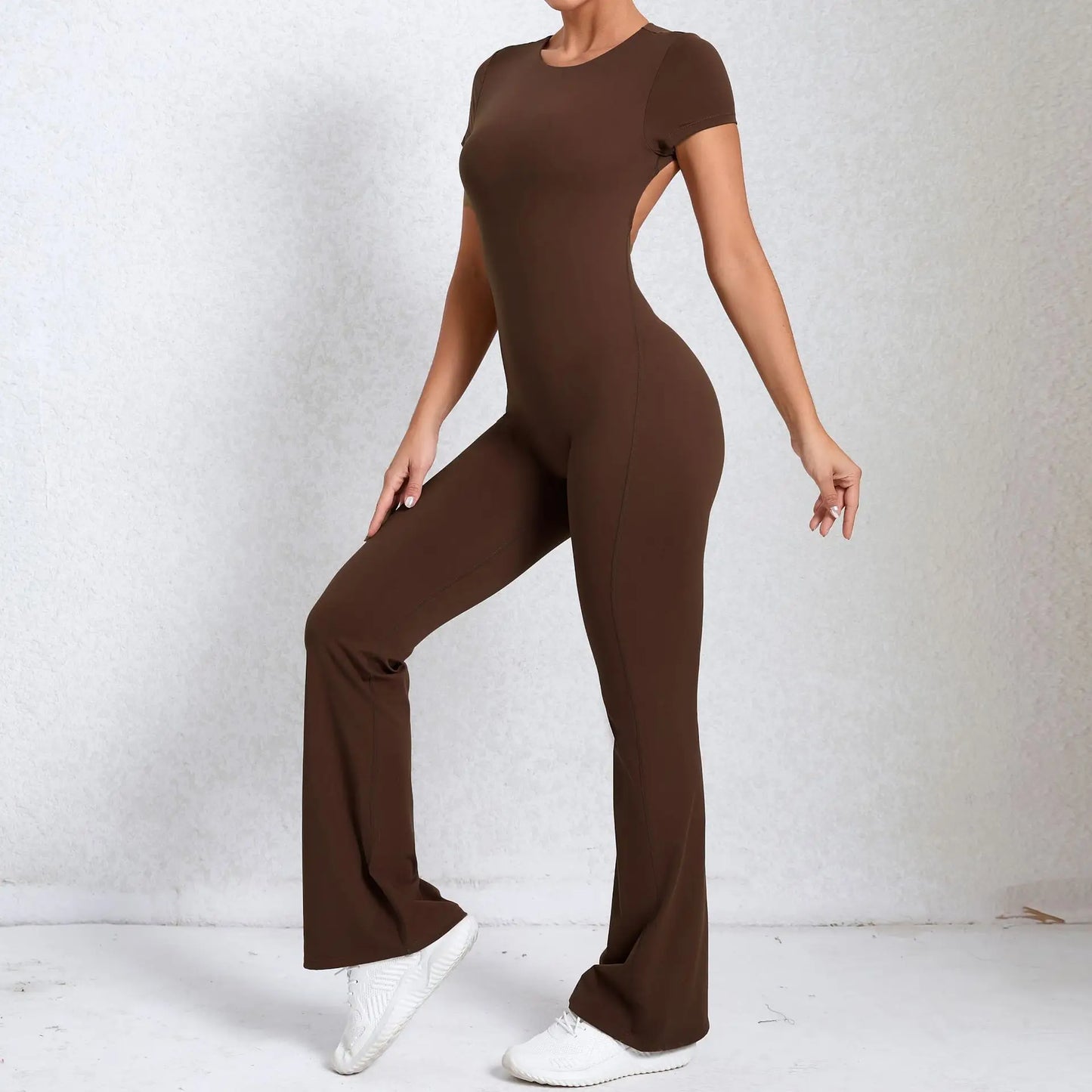 Women's Tracksuit Yoga Set Backless Jumpsuits Back V One Piece Fitness Rompers Short Sleeves Sportswear Gym Set Workout Clothes