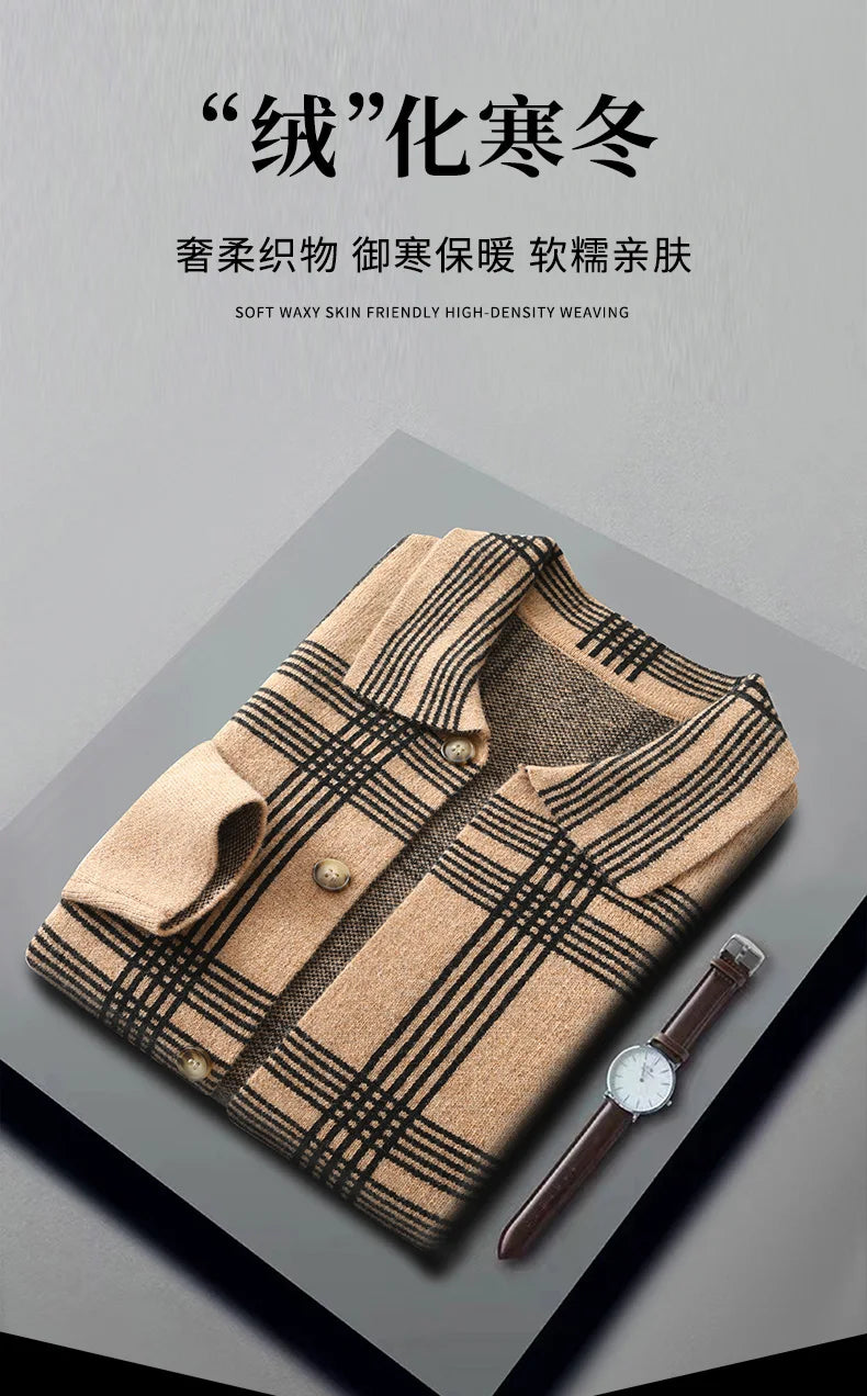 100% Merino Wool Men's Lapel Collar Knit Cardigan Coat 2025 Spring/ Autumn New POLO Neck Grid Suit Shirt Cashmere Jacket Sweater