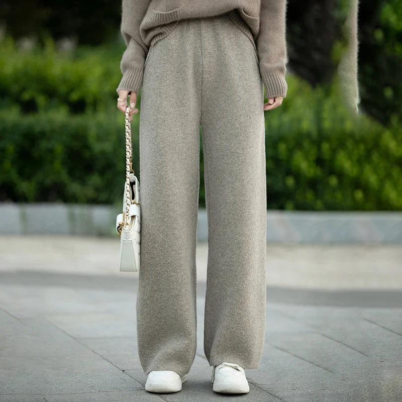 DjzDsm Women's 100% Merino Wool Wide Leg Straight Leg Pants Autumn Winter Thickened Comfortable Fit Trousers