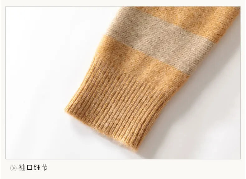 Men's 100% Merino Wool Sweater Half-high Collar Half Zip Thick Pullover Autumn Winter Cashmere Stripe Knitwear Long Sleeved Tops