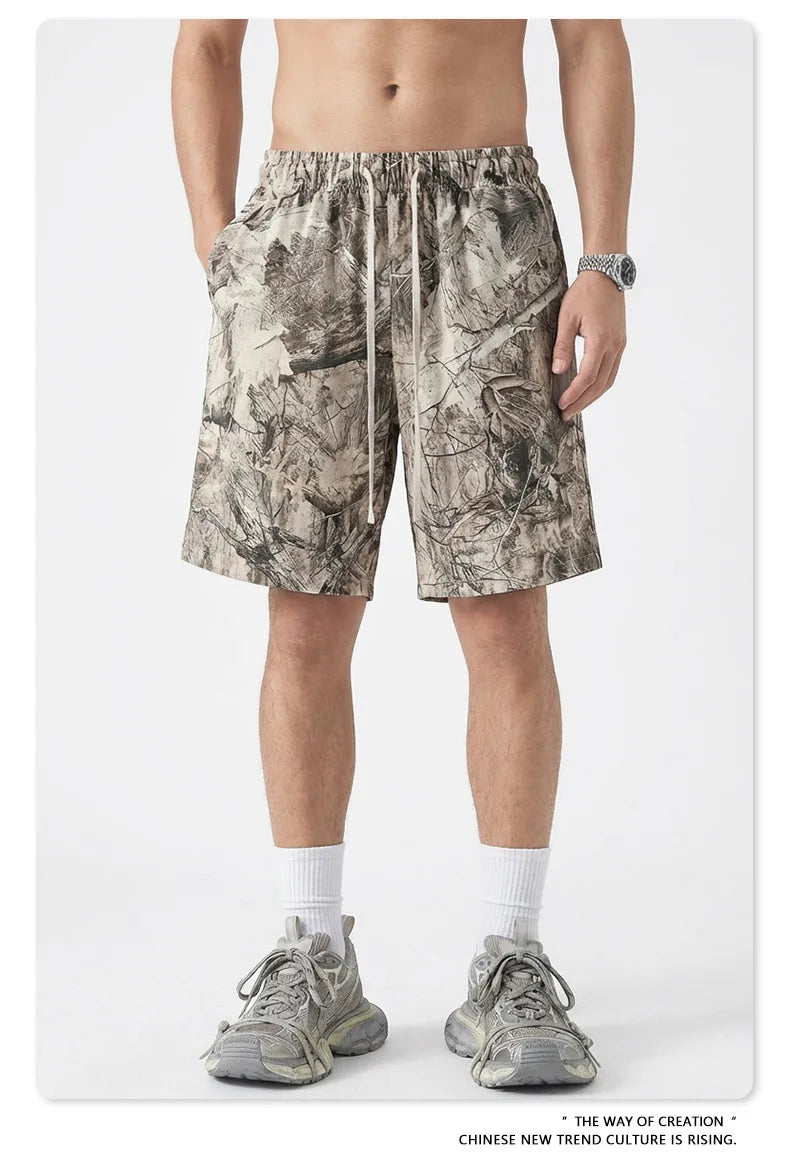 Custom LOGO men's summer camouflage splicing 240G quick-drying cotton polyester short-sleeved T-shirt loose sports shorts set