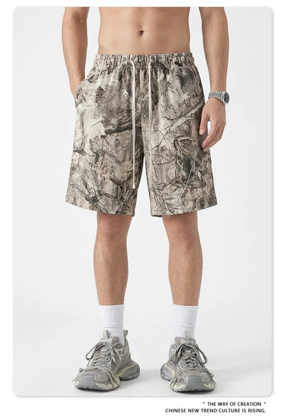 Custom LOGO men's summer camouflage splicing 240G quick-drying cotton polyester short-sleeved T-shirt loose sports shorts set