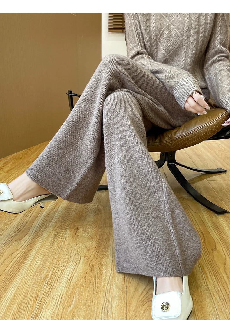 DjzDsm Women's Autumn Spring Knitted Floor-Length Wide Leg Pants 100% Merino Wool Long Trousers
