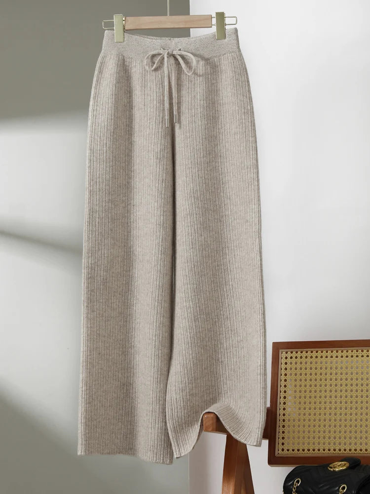 CHICUU Women Thick Wide Leg Pants 100% Merino Wool Knitted Trousers Autumn Winter Striped Jacquard Cashmere Pants Simple Style
