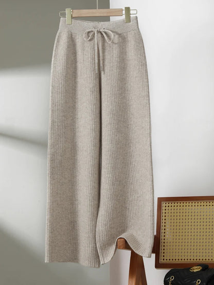 CHICUU Women Thick Wide Leg Pants 100% Merino Wool Knitted Trousers Autumn Winter Striped Jacquard Cashmere Pants Simple Style
