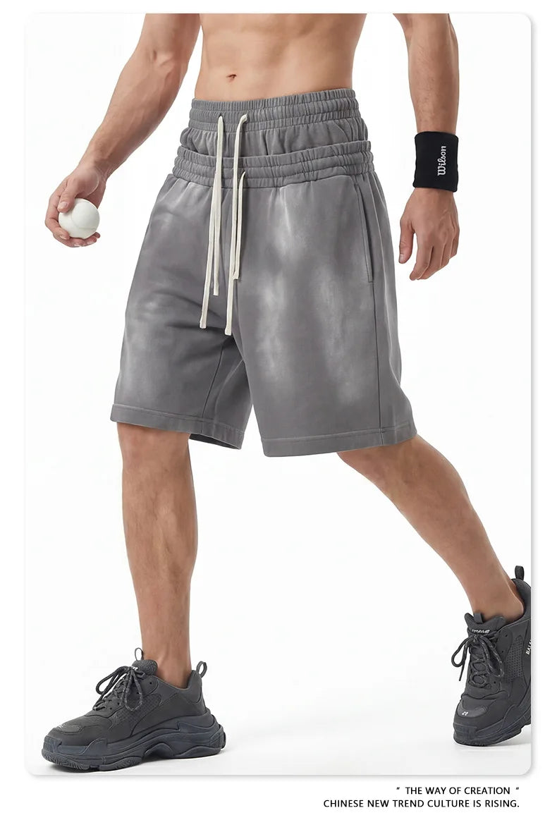 Custom LOGO men's 320G heavy 100% washed and old double waist high waist medium pants loose casual sports five-point shorts