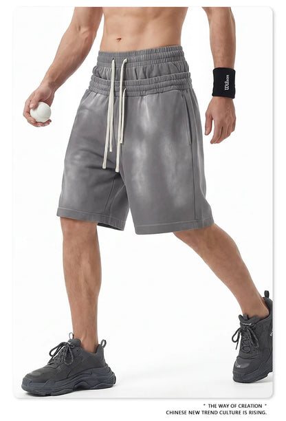 Custom LOGO men's 320G heavy 100% washed and old double waist high waist medium pants loose casual sports five-point shorts