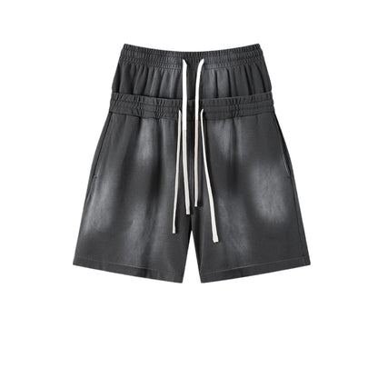 Custom LOGO men's 320G heavy 100% washed and old double waist high waist medium pants loose casual sports five-point shorts