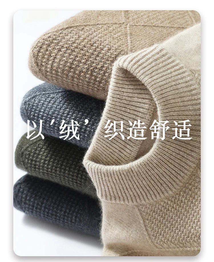 Autumn Winter New Style 100% Goat Cashmere Men's Mock Neck Diamond Knitted Base Shirt Casual Business Top Fashionable Knitwear