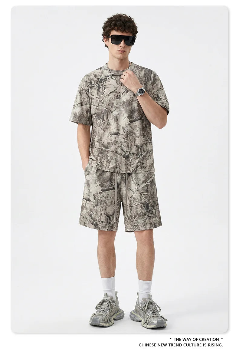 Custom LOGO men's summer camouflage splicing 240G quick-drying cotton polyester short-sleeved T-shirt loose sports shorts set