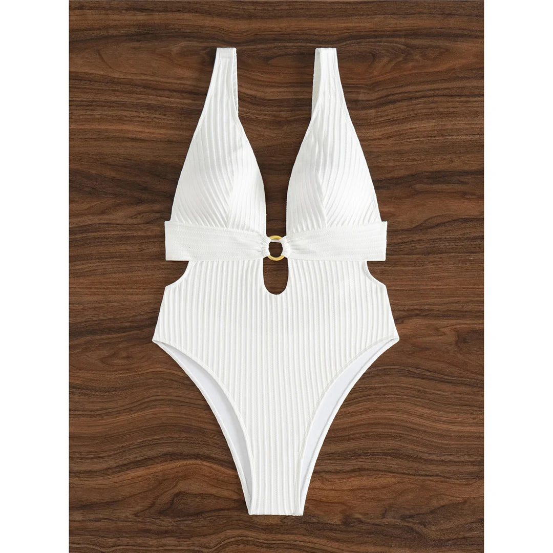 Sexy 8 Colors Deep V Neck Cut Out One Piece Swimsuit Women Swimwear Female High Leg Cut Monokini Bather Bathing Suit Swim V7177