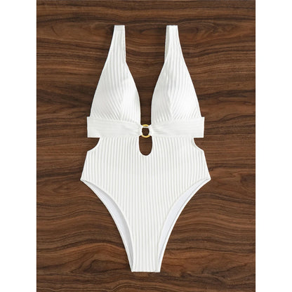 Sexy 8 Colors Deep V Neck Cut Out One Piece Swimsuit Women Swimwear Female High Leg Cut Monokini Bather Bathing Suit Swim V7177