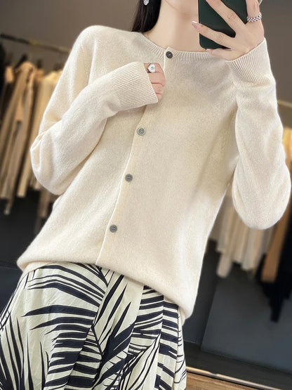 100% Merino Wool Sweater Women O-Neck Cardigan Basic Style  Buttoned Knitwear Female Casual Autumn Winter Soft Tops