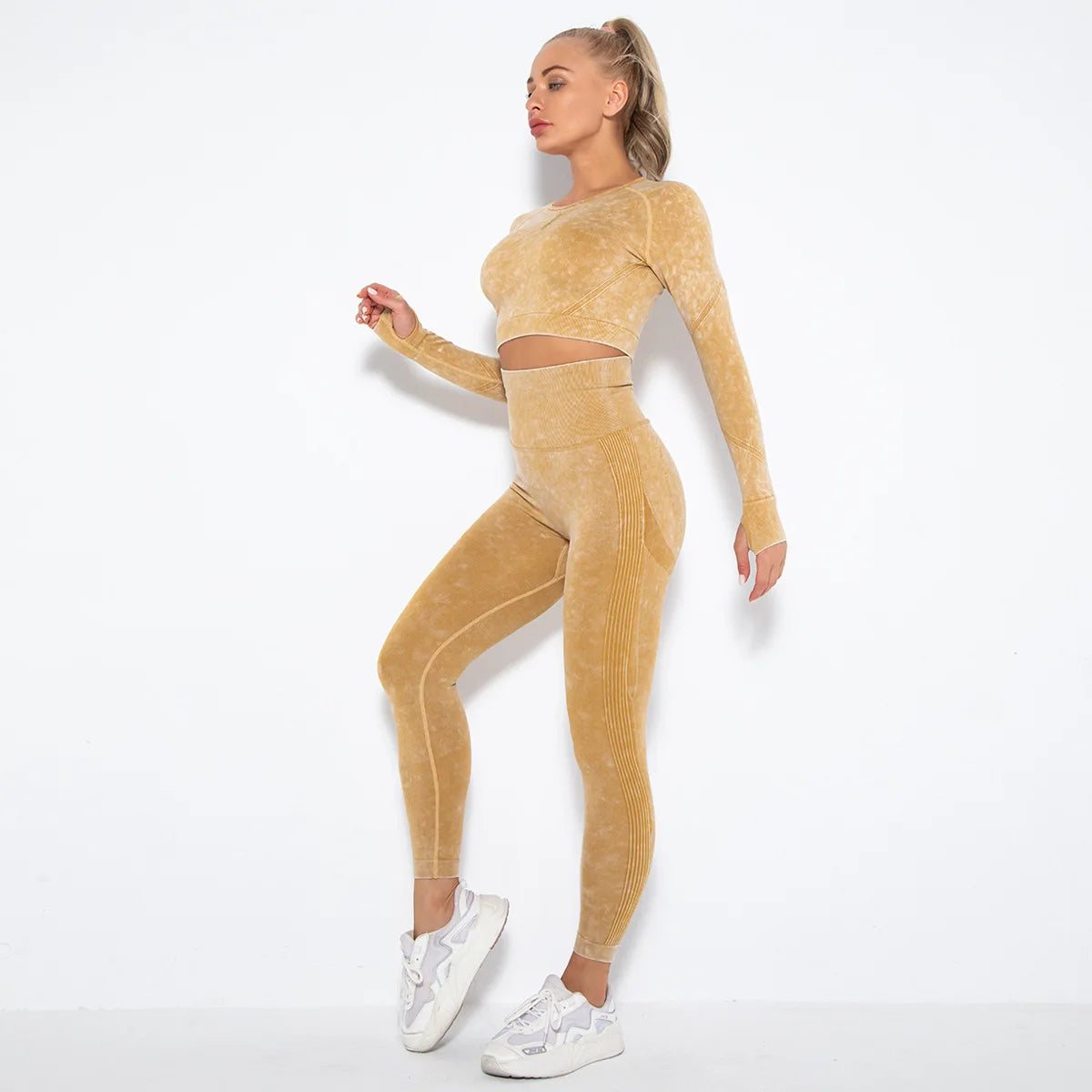Women Seamless Tracksuit Yoga Set 2PCS Workout Clothes Athletic Wear Gym Legging Fitness Bra Crop Top Long Sleeve Sports Suits
